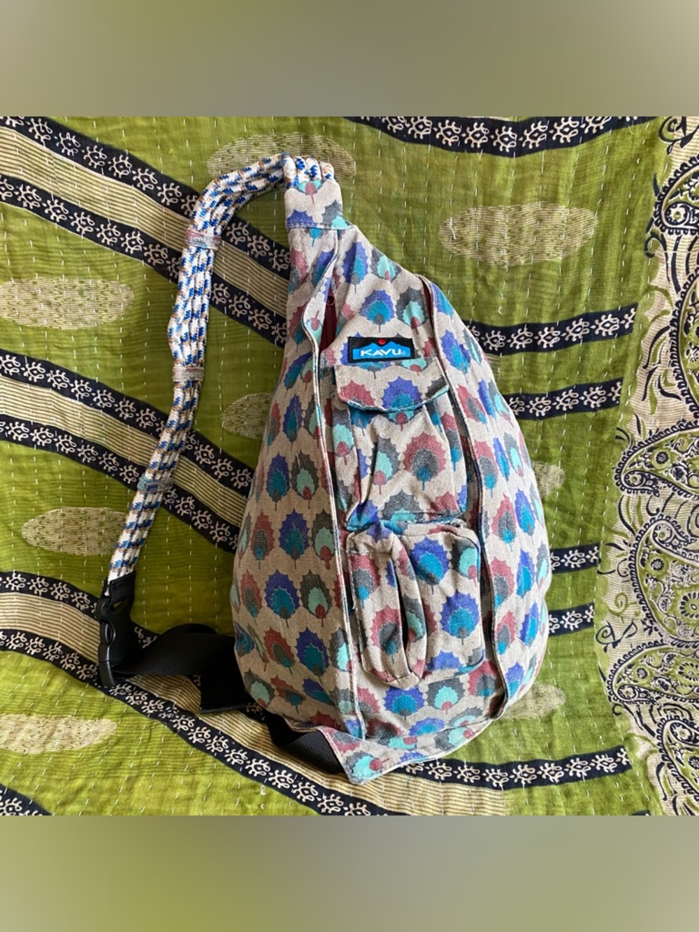 Retired Kavu Gray Holly Pattern Rope Sling Back Pack Gorpcore Outdoor Inspired